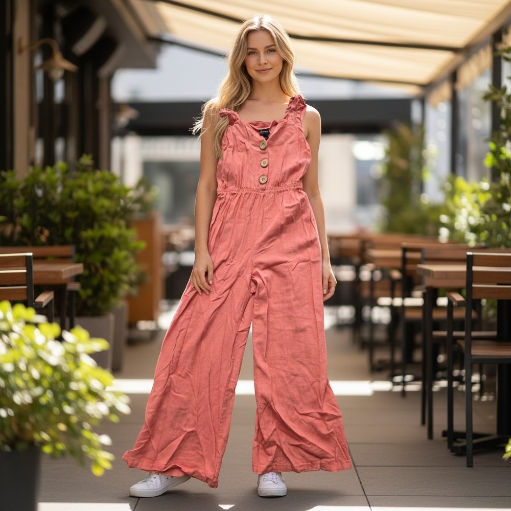 Art Class Girls Coral Pink Wide Leg Jumpsuit Ruffle Strap Size M 7/8
